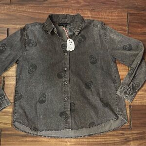 Jane and delancey black washed skull button down BNWT xs cotton polo goth witchy